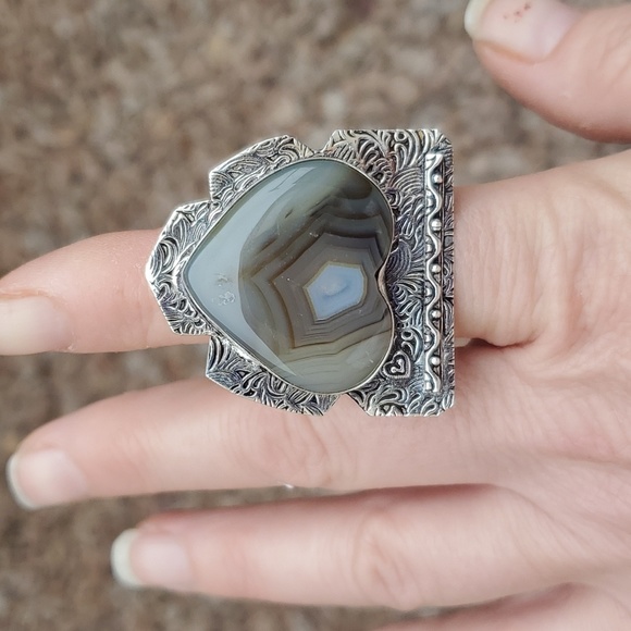 New Heart Shaped Botswana Agate 925 Oxidized Silver Statement Ring. - Picture 1 of 9
